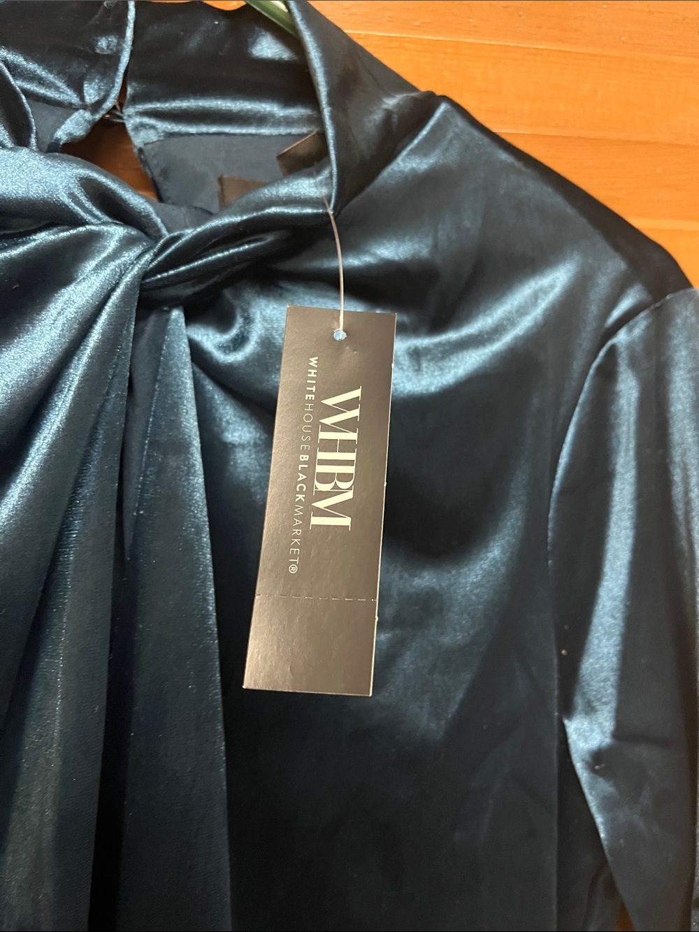 White House Black Market Teal Velvet Twist-Neck Long Sleeve Top - Picture 3 of 7
